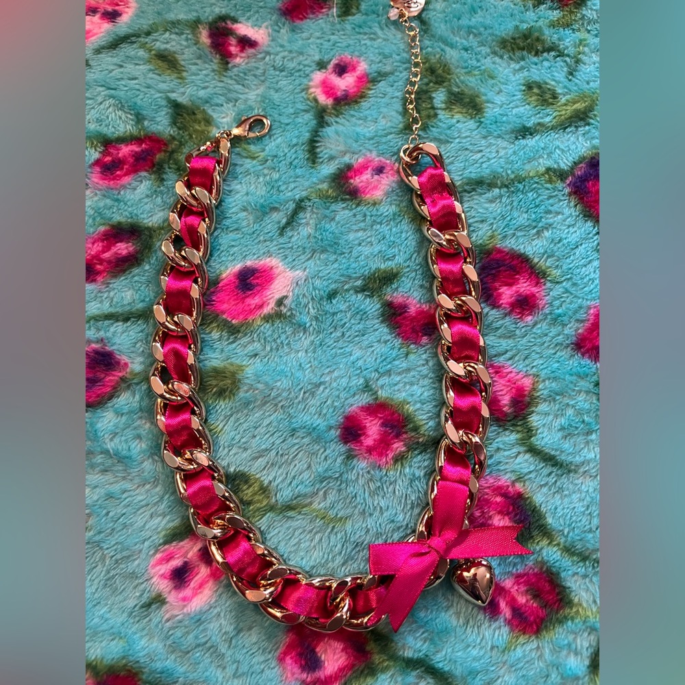 Betsey Johnson gold necklace with pink ribbon